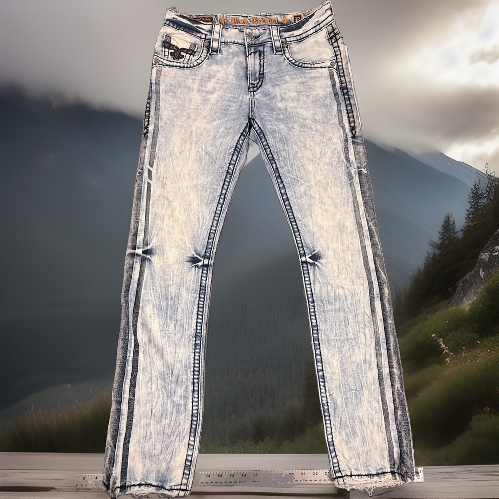 Rock Revival Jeans Mens 32x32 Wash Acid Distressed Straight Denim Raw Hem Y2K